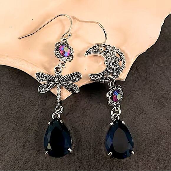 Sapphire Carved Moon Dragonfly Blue Zircon Asymmetric Earrings Women Girls Gift - Picture 2 of 5